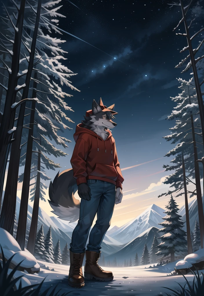 (Wolf, furry, anthropomorphic), Male, standing in forest, mountain background, outside, wearing jeans wearing red hoodie, Furry art, Fur on arms, big Floofy tail, fur on legs, (Black Fur covering whole body, Best quality, human like body figure), looking at Night sky, wearing white hat, wearing boots