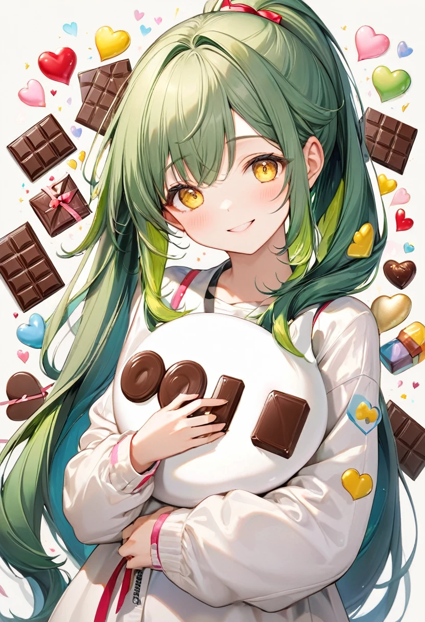 ( yo, solo ponytail green hair long hair cute girl, cute yellow eyes, love smile), (hand holding a biggest shape of number 0:1.7 for chocolate), perfect anatomy, masterpiece, best quality, 16k, beautiful detailed grow, daydreaming expression.