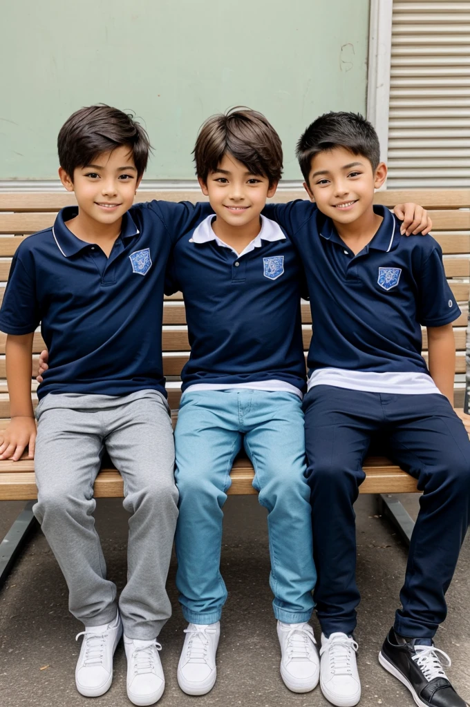 3 boys sitting on a bench in a school