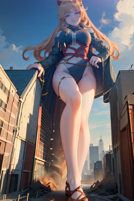 Giant Girl 50,000 feet high,Have a pair of long legs,Have a pair of huge breasts,Wearing a red bikini,Waist length blonde hair,Loose hair,Wear a pair of Mary Janes,Blonde curly hair,full of enjoyment,Standing firm in a crowded city, vandalism,It seems to be an invincible existence,Beautiful appearance,Exquisite makeup,quality,8K,高quality,(Governor:1.5),Perfect proportion, theater lighting,Film Grain,Fuji Colors,8K,Textured Skin,Super Detail,High Detail,high quality,high resolution,thunderbolt,Fake laugh,Morning, Full body image