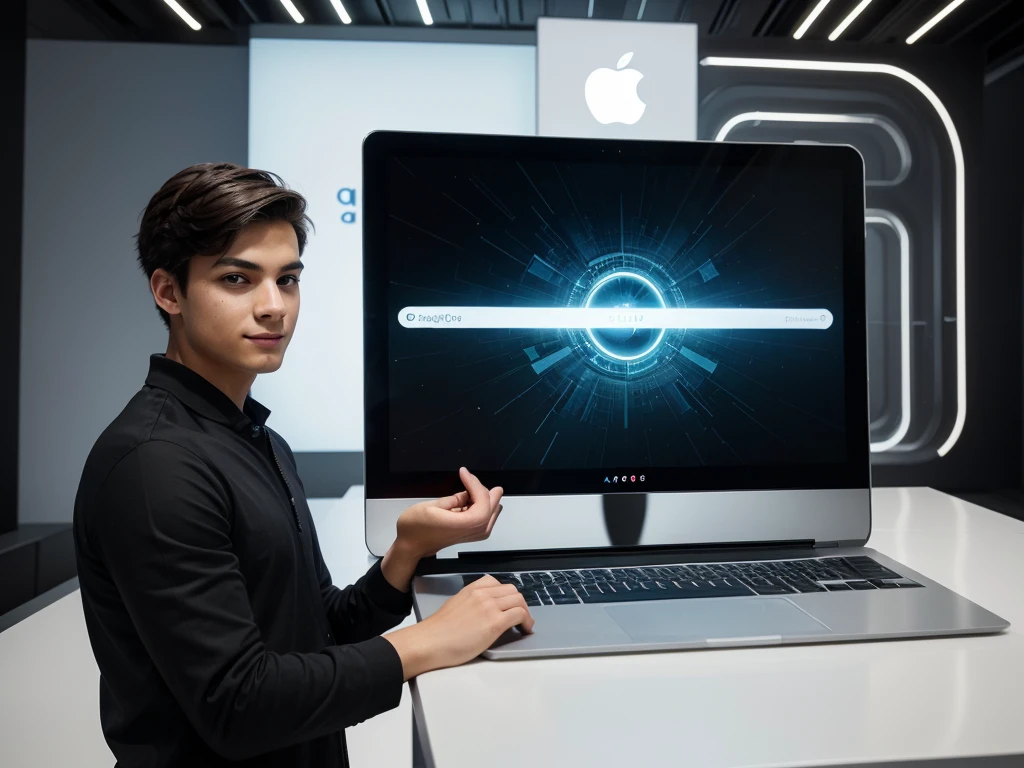 "Create an image of a young man holding a sleek laptop, with a confident and innovative expression on his face. The laptop screen should be vibrant, showcasing an array of modern technology logos like Apple, Microsoft, Google, and others, with the text 'The Technology' elegantly written below the logos in a futuristic font. The background should have a tech-savvy feel, maybe with abstract digital patterns or circuitry designs to enhance the theme."
