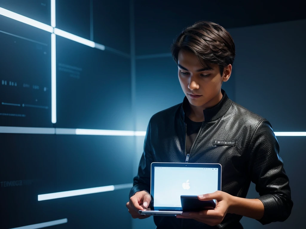 "Create an image of a young man holding a sleek laptop, with a confident and innovative expression on his face. The laptop screen should be vibrant, showcasing an array of modern technology logos like Apple, Microsoft, Google, and others, with the text 'The Technology' elegantly written below the logos in a futuristic font. The background should have a tech-savvy feel, maybe with abstract digital patterns or circuitry designs to enhance the theme."