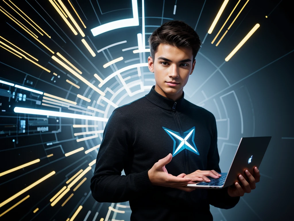 "Create an image of a young man holding a sleek laptop, with a confident and innovative expression on his face. The laptop screen should be vibrant, showcasing an array of modern technology logos like Apple, Microsoft, Google, and others, with the text 'The Technology' elegantly written below the logos in a futuristic font. The background should have a tech-savvy feel, maybe with abstract digital patterns or circuitry designs to enhance the theme."