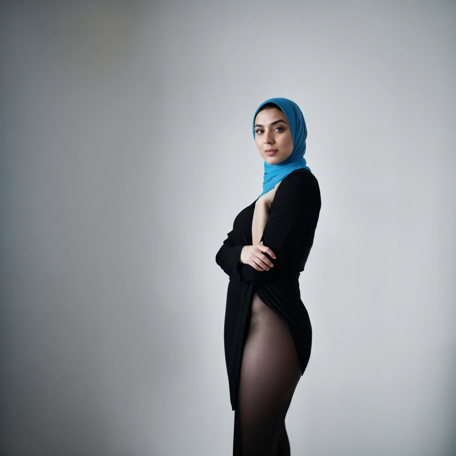RAW photo,candid photograph, full body,photo of a beautiful,modern,25yo Iraqi woman,pale skin,black hijab, detailed skin, naked, looking at viewer, chubby body structure,white background,no background, candid pose,blue light, film grain, kodak color, instagram LUT