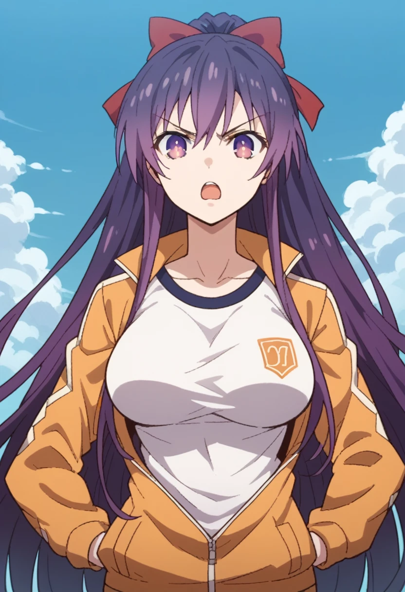 Score_9, Score_8_up, Score_7_up, anime_font, Tohka Yatogami, 1 girl, alone, long hair, purple hair, purple eyes, very long hair, ponytail, red bow, headband, perfect body, alone, breasts, looking_at_viewer, open_mouth, big_breasts , shirt, jacket, sky, day, cloud, angry, gym_uniform, hands_on_hips, jacket_on_shoulders