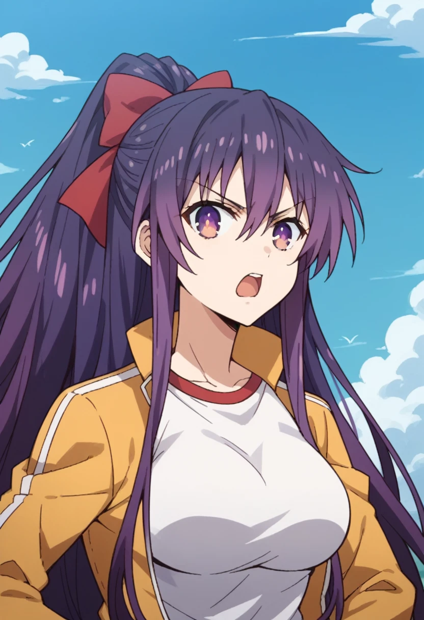 Score_9, Score_8_up, Score_7_up, anime_font, Tohka Yatogami, 1 girl, alone, long hair, purple hair, purple eyes, very long hair, ponytail, red bow, headband, perfect body, alone, breasts, looking_at_viewer, open_mouth, big_breasts , shirt, jacket, sky, day, cloud, angry, gym_uniform, hands_on_hips, jacket_on_shoulders