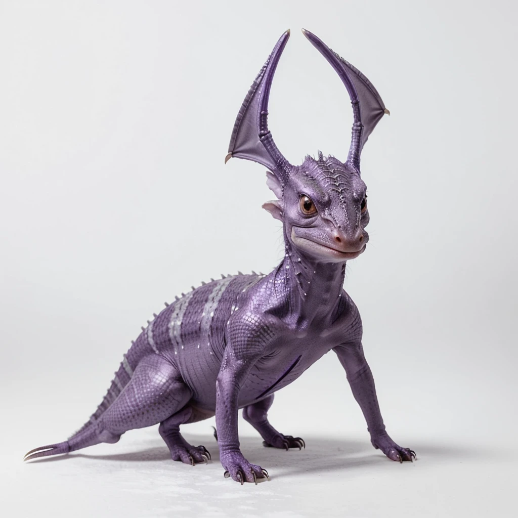 (Small Animaly), silver and purple colour skins, has scales, his body is shaped like a pterodactyl but his face is like a aliens, snow background, (white background simpleks)