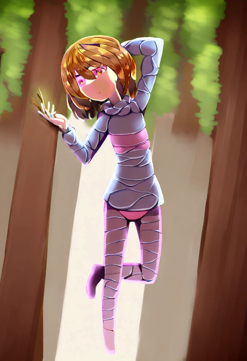 Frisk, loli, Brown hair,  In a forest, full body,  a stick in her left hand,