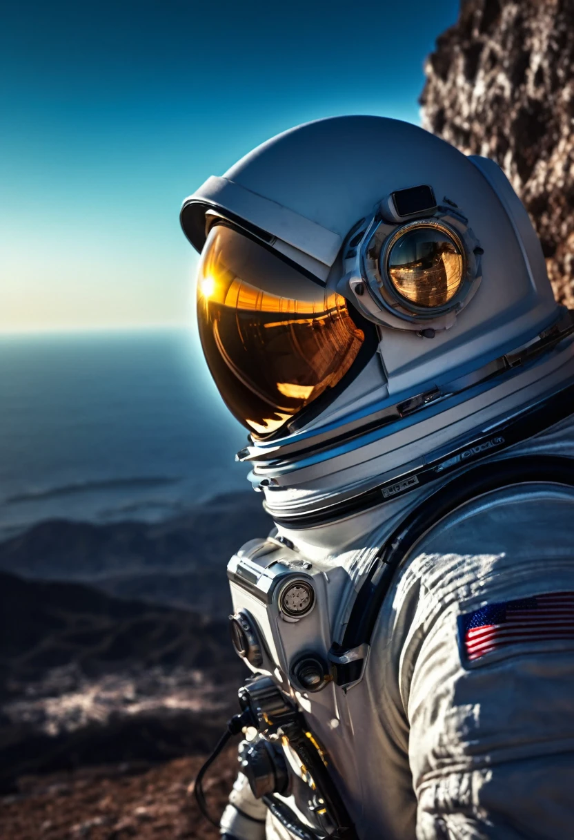 (mejor calidad, 4k, ultra detallado, high resolution, obra maestra: 1.2),Personaje a la Distancia: ((Hay un astronauta de espaldas a la camara:1.5)), mirando la inmensidad y al planeta tierra, ((The character is equipped with a space suit:1.5)), located on a high observation point. (mejor calidad,4k,8K,high resolution,obra maestra:1.2),ultra detallado,Sharp focus,(realista,photorealista,photo-realista:1.37), intense lighting,dramatic lighting,changing lighting,cinematic lighting,chiaroscuro lighting,dramatic shadows,Dramatic moments,vivid colors,colores intensos,Contraste profundo,cinematic depth of field,cinematographic composition,cinematic camera angle