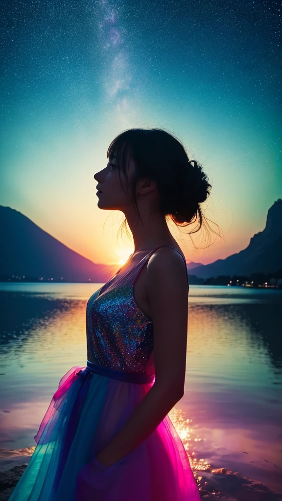 RAW Photos:1.2, masterpiece, highest quality, 16k, Unbelievably absurd, Very detailed, Perfect beauty, (Double exposure vibrant color silhouette:1.3), (Brightly colored overlapping silhouettes:1.2), (Water world photo landscape), Diamond dust, Starry sky with aurora, Flowing, Sheer dress, 長くFlowing髪, (lake:1.2), (Realistic photo scenery), (Starlight), (Dancing Girl), Portraiture