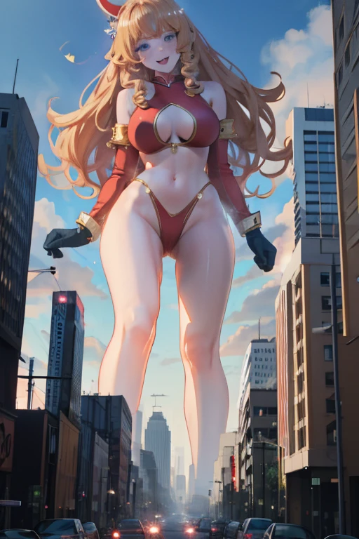 Giant Girl 50,000 feet high,Have a pair of long legs,Have a pair of huge breasts,Wearing a red bikini,Waist length blonde hair,Loose hair,Wear a pair of Mary Janes,Blonde curly hair,full of enjoyment,Standing firm in a crowded city, vandalism,It seems to be an invincible existence,Beautiful appearance,Exquisite makeup,quality,8K,高quality,(Governor:1.5),Perfect proportion, theater lighting,Film Grain,Fuji Colors,8K,Textured Skin,Super Detail,High Detail,high quality,high resolution,thunderbolt,Fake laugh,Morning, Full body image