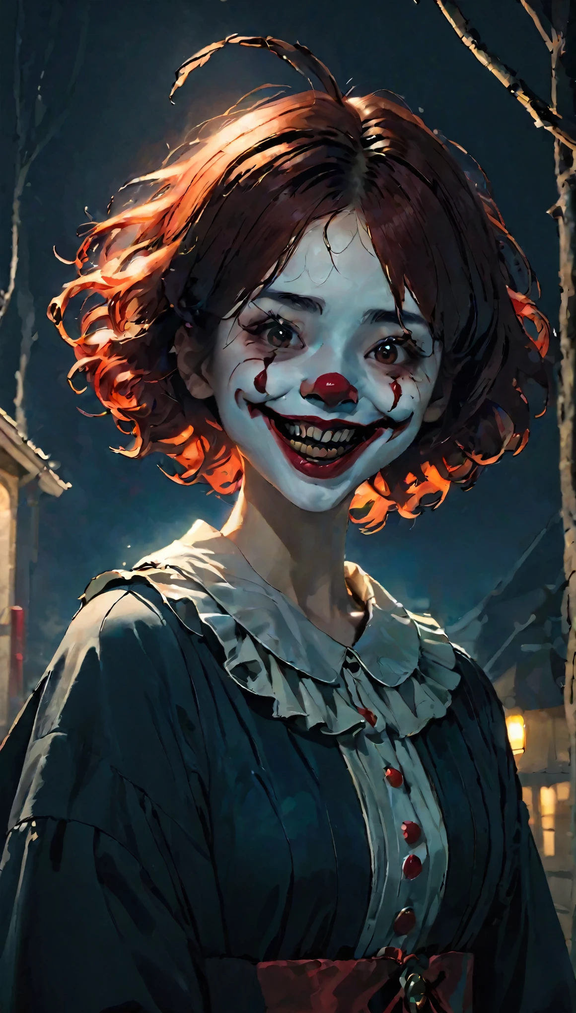 highest quality,Horror,spooky smile,Red Nose,Detailed face,Scary atmosphere,Dark Background,Dramatic lighting,Sharp focus,an  ominous,evil dream,Scary Clown,Scary expressions,emotion,Exposing teeth,Big smile,Red lips,evil,Ghostly,evil dreamのような,Anxious,Night Scenery,Spooky laughter,Strong gaze,A frightening personality,Distorted face,Threatening,Gothic,Sharp Eye,evil dreamのような scenery,spooky,Anxious,Horror movie aesthetic,evil dream fuel,Ghostlyly beautiful,A terrifying presence,evil dream-inducing,Shadow,Spooky atmosphere