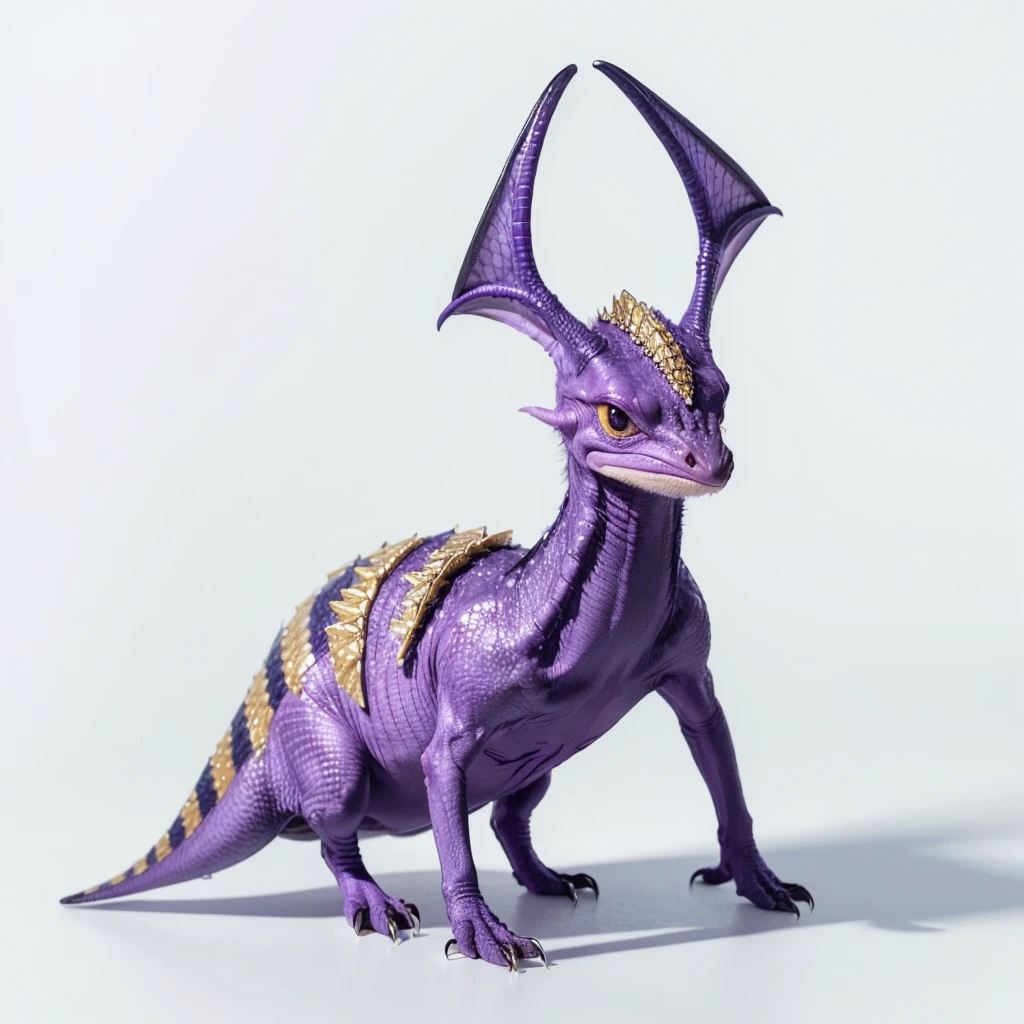 (Small Animaly), silver and purple colour skins, has scales, his body is shaped like a pterodactyl but his face is like a aliens, snow background, (white background simpleks)