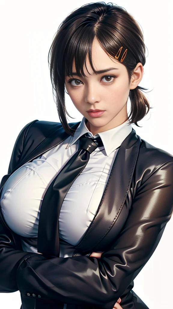 (((Perfect body,White and tender skin,(((black necktie, black pants, business suit, formal, long sleeves, necktie, pants, suit,,))),(((kobeni higashiyama, black hair, hair ornament, hairclip, ponytail, short hair, (brown eyes:1.5),))),((masterpiece)),highres,((Best quality at best)),masterpiece,quality,Best quality,((( Exquisite facial features,Looking at the audience,There is light in the eyes,(((pain,endure))),))),(((Light and shadow,Huge breasts,))),(((Looking at the camera,White background))))