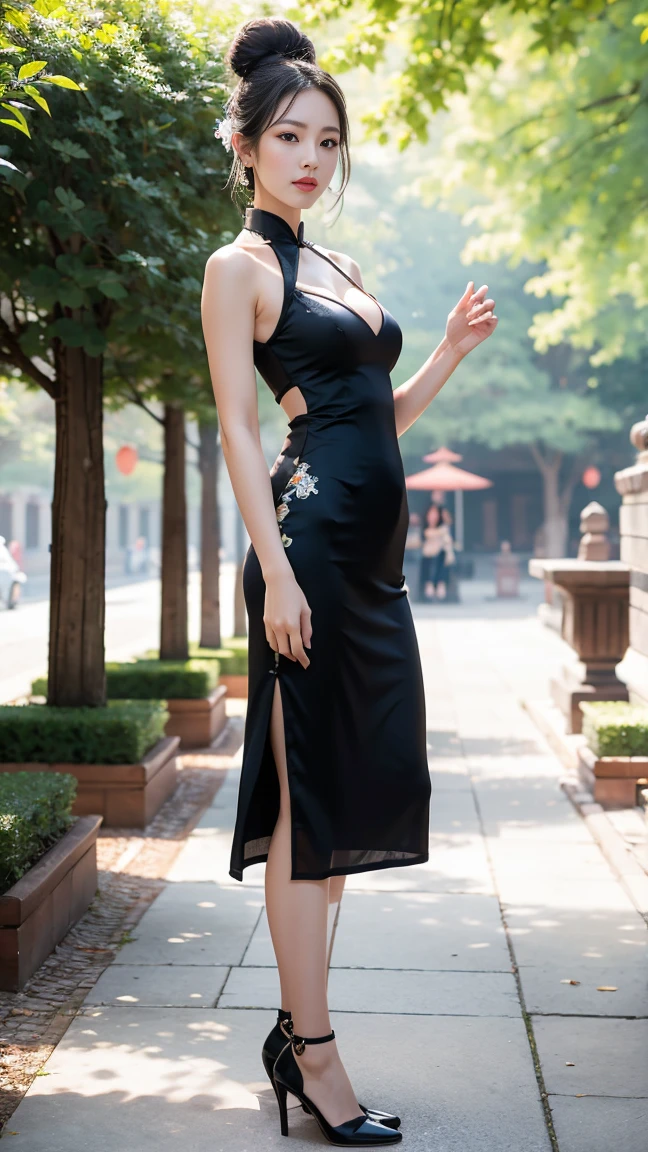 Full body of a girl standing in a Chinese palace square,A girl with a bewitching aura,Standing whole body,Wearing a long, sexy qipao,Thin fabric cheongsam,A fitted qipao,Extra long side slits up to waist height,You can see her string panties through the slit,Long eyelashes,double eyelid,Detailed eyes,Large Breasts,Cleavage,Small waist,Attractive thighs,Long legs,Perfect proportions,Perfect body,Anatomically accurate body,I am looking at this,Chignon bun hair,masterpiece,Photorealistic:1.2,High resolution:1.2,High definition:1.2,Highest quality:1.2