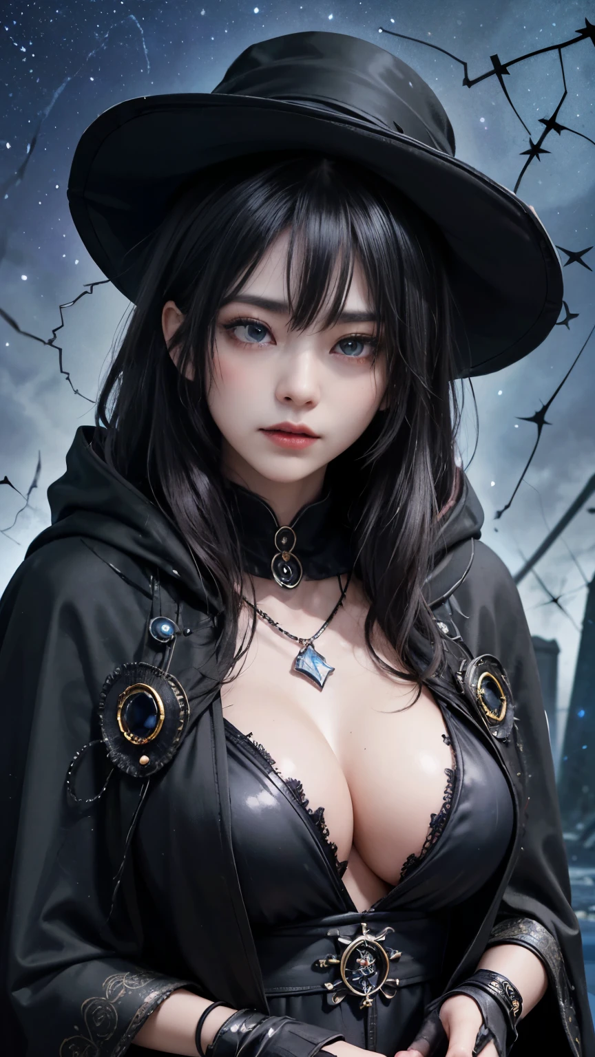 (Fatal Beauty,A charming villain,witch) ,(A supple and powerful physique),(Sensual charm),(Mysterious charm:1.1),(Captivating silhouette),(highest quality,High resolution:1.2),(dark,Threatening:1.1),((dark horror theme:1.5),(Thriller:1.5)),(Dark fantasy:1.5), (((Countless stars fly away:1.5),(Absurd:1.5),(wonderful:1.5))),Woman in a dress、((((big sapphire necklace))))、(Powerful numbers:1.1),(((Big Breasts))),(((Fiery crown:1.1))),prime color,Urban,Very detailed,masterpiece,Intricate details,Faded,Very detailed, Eye on the details,Intricate details,Dark and spooky atmosphere, spiritual being, Unforgettably beautiful, Ghostly figures, Shadow-like shape, Spooky whispers, Ominous Aura, Goth Maiden, Very darkHer eyes, Like dazzling fur in a starless haze,Her Mogul Snaps, Mysterious Cemetery,Black hair swaying in the moonlight, She summons darkness, (beautiful: 1.7), (Black Hat: 1.6), (An intricately decorated jet-black cloak: 1.6), (Delicately decorated cloak, Despite being damaged: 1.5), Hypermaximalist, Breathtaking oil paintings, Surreal, Ultra-realistic digital illustrations that mimic the style of oil paintings, Seamlessly blending the psychedelic visionary art of Alex Grey with the physical-mechanical aesthetic of H.R. Giger. Wonderful configuration, (Shining Eyes:1.6)、(Glowing Eyes:1.1),(hellish landscape:1.1),(fire,sulfur:1.1),(Threatening atmosphere:1.1),(dark shadows,Threatening presence:1.1),(Unlucky Clouds,Stormy Skies:1.1),(dark,Spooky atmosphere:1.1),(Aura of misfortune,Evil energy:1.1),(dark aura,cigarette:1.1),(Extreme heat,Burning Flames:1.1),(Nightmare Visions:1.1),(Predicting the end:1.1),(Whispers of misfortune,Devilish Laugh:1.1),(Cries of pain,echoing screams:1.1),(Bad luck symbol,Ancient runes:1.1),(Mysterious Relic,dark art ifacts:1.1),(Infernal Ritual,Ritual sacrifice:1.1),(Eternal Ruin,A hopeless existence:1.1), Inspired by abandoned mech backgrounds. Art created by Craig Mullins, Necrostyle., Detailed Description,