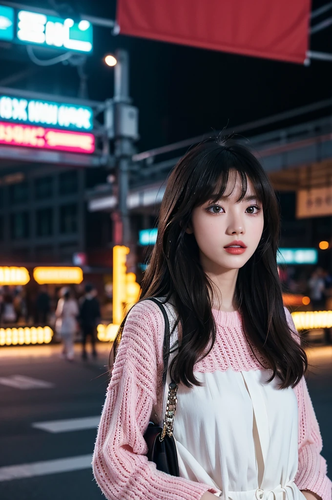 A beautiful city girl with detailed makeup, Stylish clothes, and a high-class sense of fashion, Long straight hair bangs, Bring a stylish handbag, And wear trendy sunglasses, Walk the busy streets of Seoul confidently [urban, modern, vibrant]. Her flawless porcelain skin sparkled in the sun, Highlight her impeccable complexion. The vibrant colors of the cityscape create a vivid backdrop, The market is bustling, Neon lights, and skyscrapers [Dynamic, Energetic]. The girl is surrounded by a group of fashionable girls, Different styles, Each one reflects their personality [Stylish, diffe]. The overall scene exudes charm and sophistication.

Artworks are rendered using a mix of digital painting and photography techniques [mixed media, Contemporary]. It demonstrates a high level of detail, Girls have intricate patterns on their clothes, Highlight her fashion-forward style. Well-designed lighting，Create soft and dramatic effects, Enhance the overall atmosphere of the image [Soft lighting, Dramatic atmosphere]. The color palette consists of vibrant and saturated hues, Give the artwork a bold and captivating look [vibrant, Colorful]. The composition of the artwork is carefully balanced, Draw the audience's attention to the fashion girl in the middle，while capturing the energy of the surrounding city [Balanced composition].

(Best quality, 4K, High-res), Ultra-detailed, realistic artwork, With a clear focus and vibrant colors, The perfect summary of the essence of urban fashion [Masterpiece:1.2, Ultra-detailed, Realistic:1.37]. The image quality is top-notch, Show every intricate detail of girls' makeup, Her stylish suit, and vibrant cityscapes. The overall feel of the artwork is exquisite，Visually stunning.