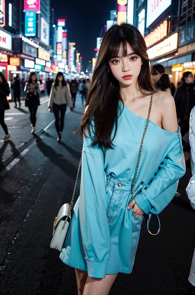 A beautiful city girl with detailed makeup, Stylish clothes, and a high-class sense of fashion, Long straight hair bangs, Bring a stylish handbag, And wear trendy sunglasses, Walk the busy streets of Seoul confidently [urban, modern, vibrant]. Her flawless porcelain skin sparkled in the sun, Highlight her impeccable complexion. The vibrant colors of the cityscape create a vivid backdrop, The market is bustling, Neon lights, and skyscrapers [Dynamic, Energetic]. The girl is surrounded by a group of fashionable girls, Different styles, Each one reflects their personality [Stylish, diffe]. The overall scene exudes charm and sophistication.

Artworks are rendered using a mix of digital painting and photography techniques [mixed media, Contemporary]. It demonstrates a high level of detail, Girls have intricate patterns on their clothes, Highlight her fashion-forward style. Well-designed lighting，Create soft and dramatic effects, Enhance the overall atmosphere of the image [Soft lighting, Dramatic atmosphere]. The color palette consists of vibrant and saturated hues, Give the artwork a bold and captivating look [vibrant, Colorful]. The composition of the artwork is carefully balanced, Draw the audience's attention to the fashion girl in the middle，while capturing the energy of the surrounding city [Balanced composition].

(Best quality, 4K, High-res), Ultra-detailed, realistic artwork, With a clear focus and vibrant colors, The perfect summary of the essence of urban fashion [Masterpiece:1.2, Ultra-detailed, Realistic:1.37]. The image quality is top-notch, Show every intricate detail of girls' makeup, Her stylish suit, and vibrant cityscapes. The overall feel of the artwork is exquisite，Visually stunning.