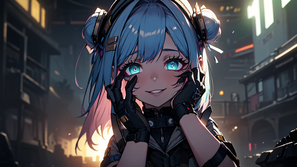 ((Best quality)), ((masterpiece)), (detailed:1.4), 3D, an image of a beautiful cyberpunk female, Yandere , Yandere Face , Trance , Trance Eyes , yameroyandere , constricted pupils , yandere , empty eyes . shaded face , crazy eyes , glowing gold eyes , crazy smile , neonfx, neon_valorant, 1girl, solo, looking at viewer, blue eyes, blonde hair, gloves, navel, bare midriff, twintails, blue hair, multicolored hair, parted lips, black gloves, belt, pants, hand on hip, floating hair, bandaid, bandaid on face, electricity, animification, bandaid on nose, large breasts, HDR (High Dynamic Range),Ray Tracing,NVIDIA RTX,Super-Resolution,Unreal 5,Subsurface scattering,PBR Texturing,Post-processing,Anisotropic Filtering,Depth-of-field,Maximum clarity and sharpness,Multi-layered textures,Albedo and Specular maps,Surface shading,Accurate simulation of light-material interaction,Perfect proportions,Octane Render,Two-tone lighting,Wide aperture,Low ISO,White balance,Rule of thirds,8K RAW,