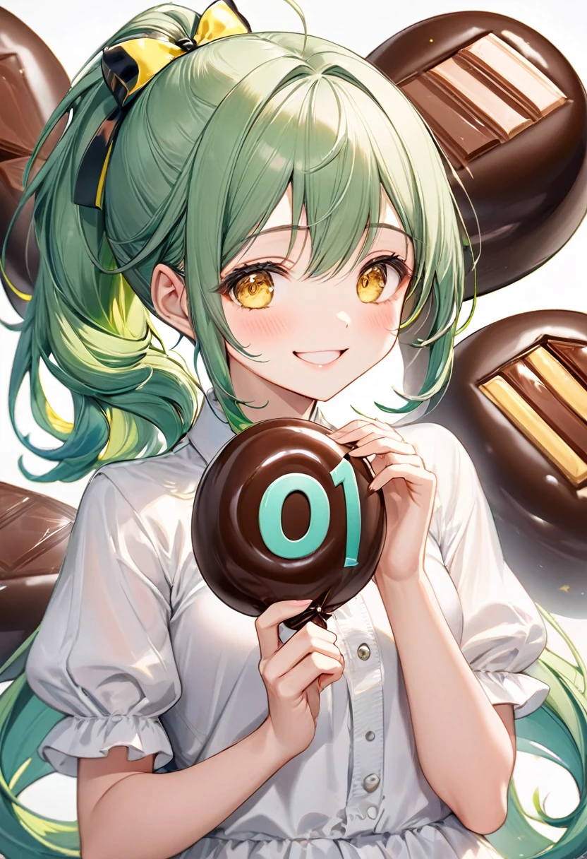 (15 yo, solo ponytail green hair long hair cute girl, cute yellow eyes, love smile), (hand holding a biggest shape of number 0:1.6 for chocolate), perfect anatomy, masterpiece, best quality, 16k, beautiful detailed grow, daydreaming expression.