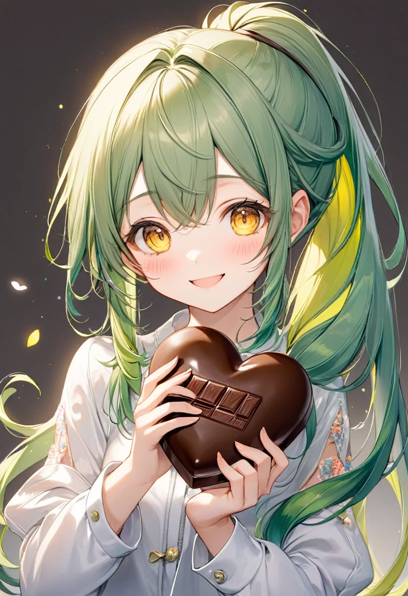 (15 yo, solo ponytail green hair long hair cute girl, cute yellow eyes, love smile), (hand holding a biggest shape of number 0:1.6 for chocolate), perfect anatomy, masterpiece, best quality, 16k, beautiful detailed grow, daydreaming expression.