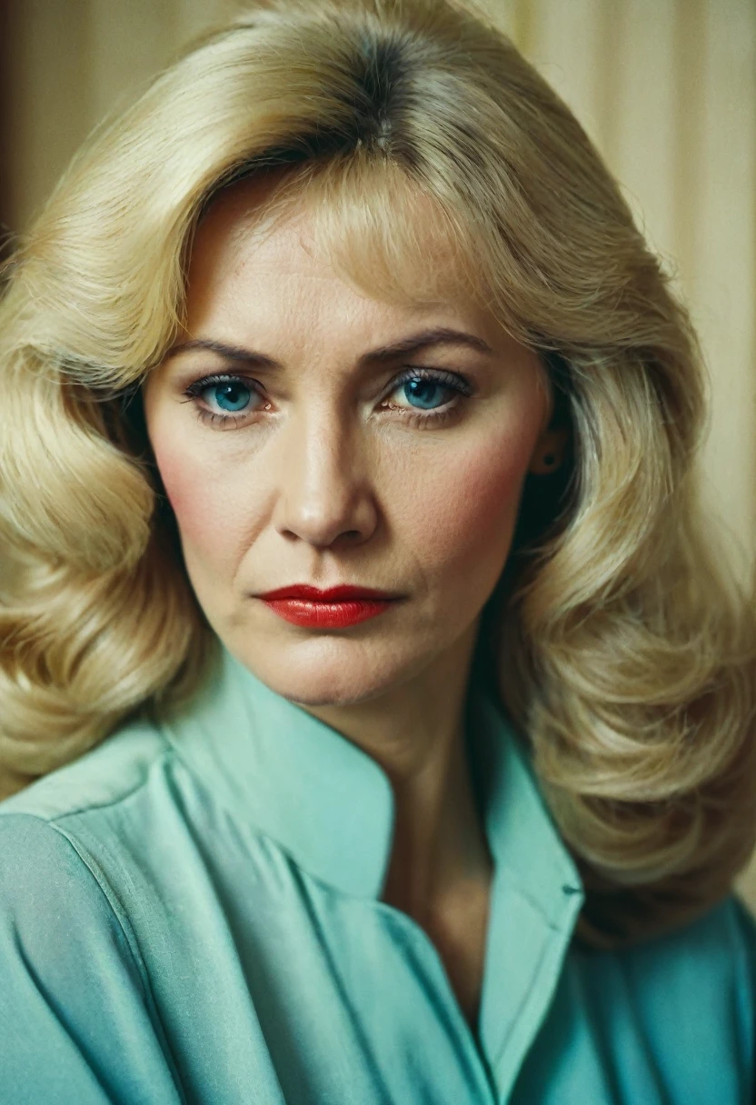 Color photo in the style of the USSR 1980, portrait. Beautiful woman 40 years old, fa background of a USSR apartment in the 1980s. blonde. sad face. Tears on eyes.