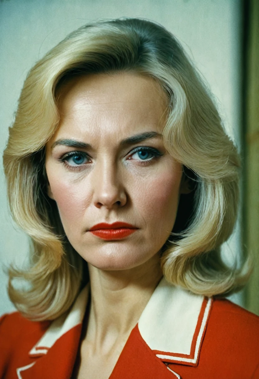 Color photo in the style of the USSR 1980, portrait. Beautiful woman 40 years old, fa background of a USSR apartment in the 1980s. blonde. sad face. Tears on eyes.