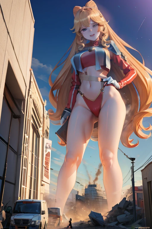 Giant Girl 50,000 feet high,Have a pair of long legs,Have a pair of huge breasts,Wearing a red bikini,Waist length blonde hair,Loose hair,Wear a pair of Mary Janes,Blonde curly hair,full of enjoyment,Standing firm in a crowded city, vandalism,It seems to be an invincible existence,Beautiful appearance,Exquisite makeup,quality,8K,高quality,(Governor:1.5),Perfect proportion, theater lighting,Film Grain,Fuji Colors,8K,Textured Skin,Super Detail,High Detail,high quality,high resolution,thunderbolt,Fake laugh,Morning, Full body image