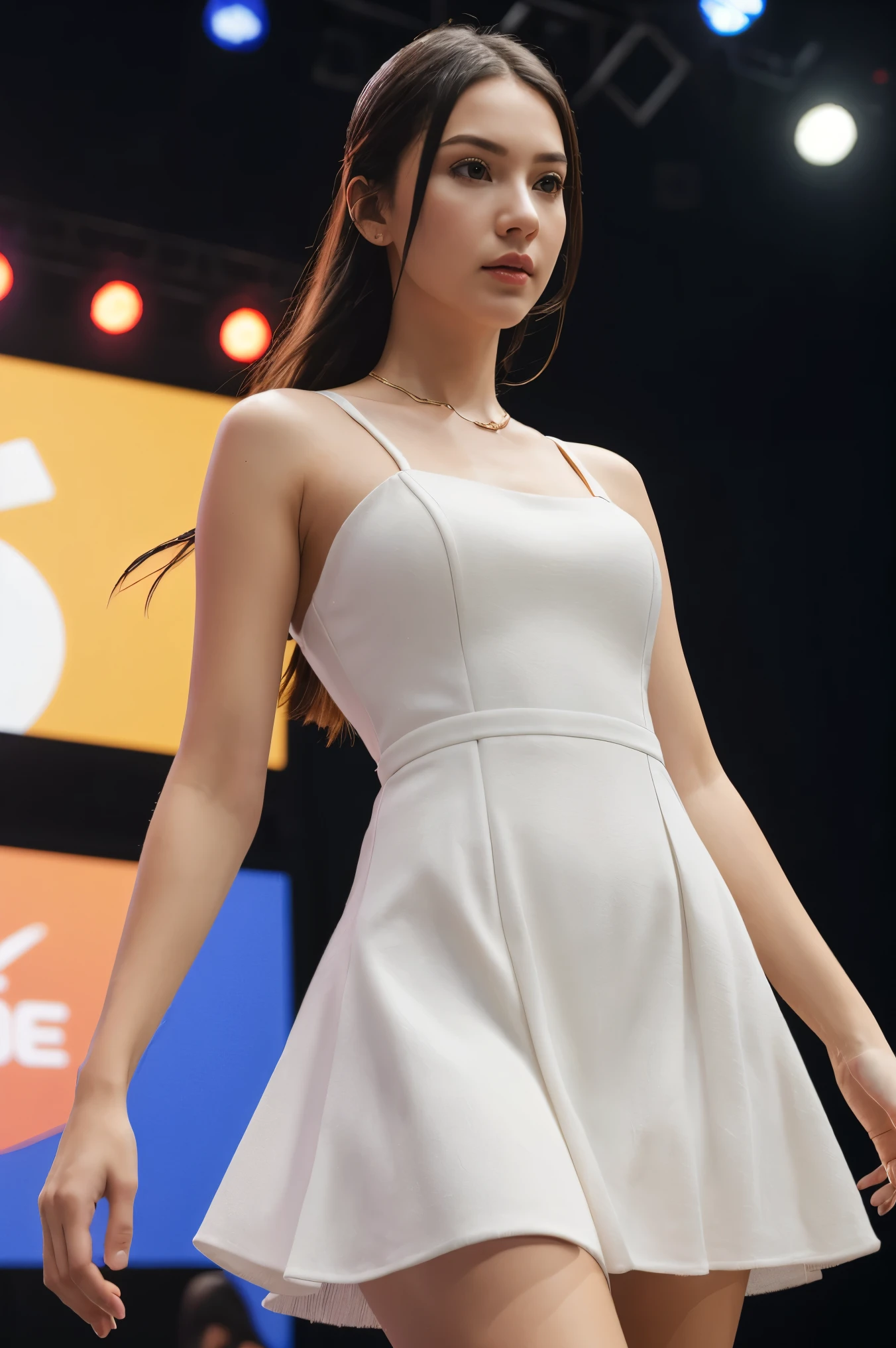 (RAW photo:1.2), (photorealistic:1.4), (masterpiece:1.3), (best quality:1.4), ultra high res, HDR, 8k resolution, 1girl, skinny, solo, white flying hair, from below, walking on the stage, fashion show, (pale skin:1.2), mini dress