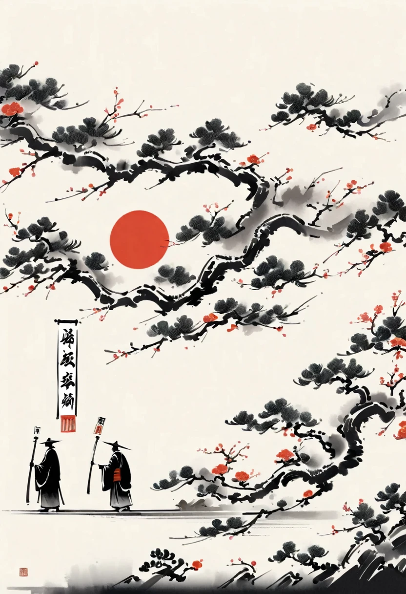 Bada Shanren style,Chinese Ink Painting,Simple style,is capitalized,Very simple pictures,People from far away,