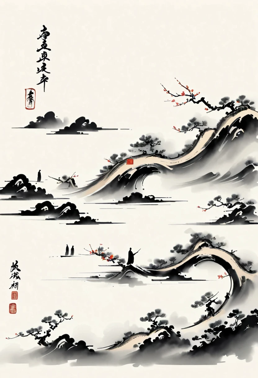 Bada Shanren style,Chinese Ink Painting,Simple style,is capitalized,Very simple pictures,People from far away,