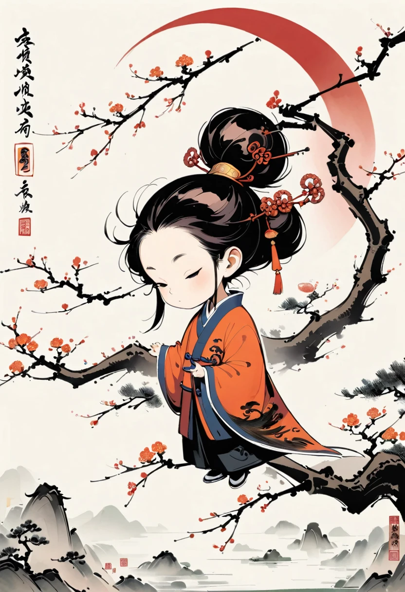 Bada Shanren style,Chinese Ink Painting,Simple style,is capitalized,Very simple pictures,People from far away,