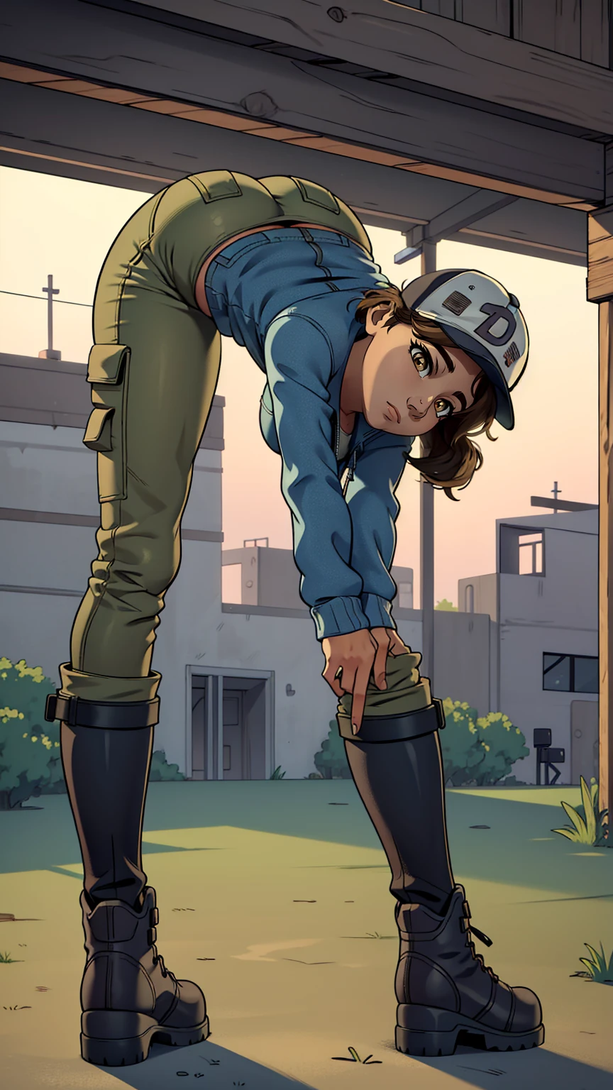 ((masterpiece, best quality)),(complex lighting) ,solo,(((1girl))) ,clementine, light skin,light-skinned female, baseball cap, green cargo pants, brown eyes, tight pants, combat boots, shirt, short hair, one short ponytail, open denim jacket, huge butt, thicc butt , (((8k))), (((full body))), (((bent over))), (((looking at the viewer))), (((butt visible))), cameltoe