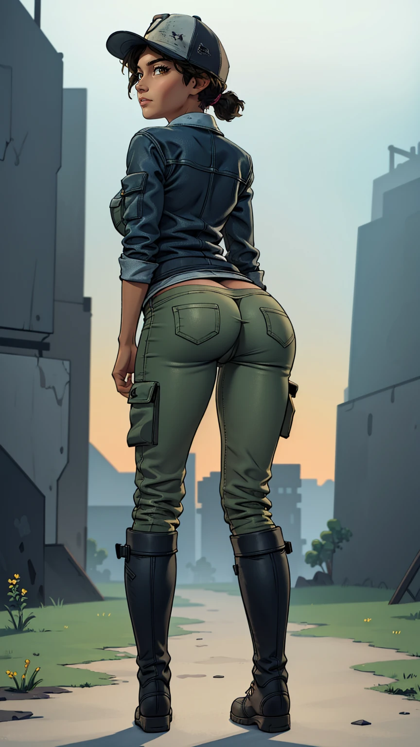 ((masterpiece, best quality)),(complex lighting) ,solo,(((1girl))) ,clementine, light skin,light-skinned female, baseball cap, green cargo pants, brown eyes, tight pants, combat boots, shirt, short hair, one short ponytail, open denim jacket, huge butt, thicc butt , (((8k))), (((full body))), (((bent over))), (((looking at the viewer))), (((butt visible))), cameltoe
