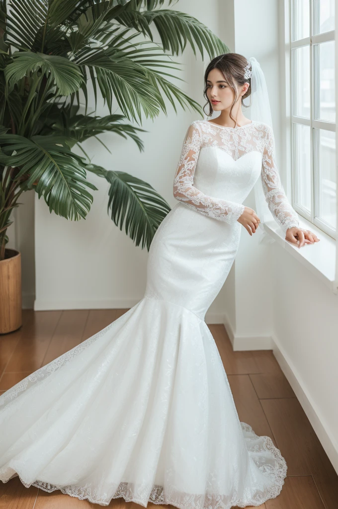 Best quality, 8k, 32k, Masterpiece, Masterpiece, (Photorealistic: 1.4), RAW photo, ultra realistic, 1girl, full body, wearing a white mermaid wedding dress, long-sleeve, floor-length style, lace fabric, Take product photos in white room with indoor decorative palm tree, look straight