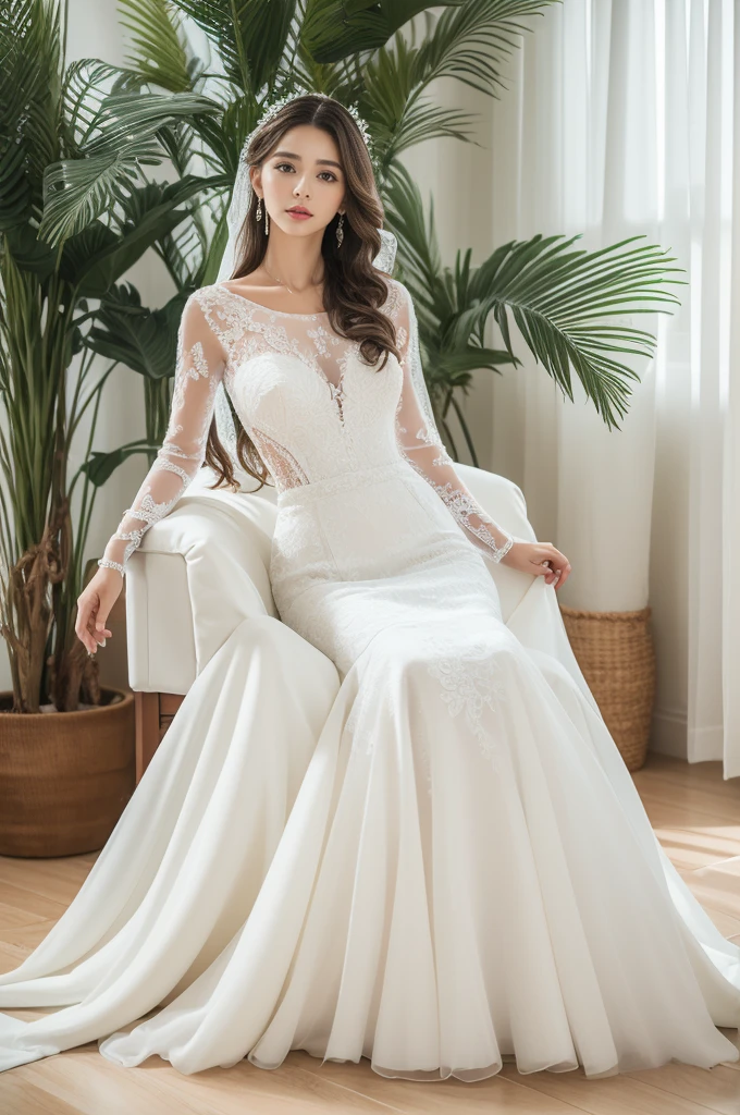 Best quality, 8k, 32k, Masterpiece, Masterpiece, (Photorealistic: 1.4), RAW photo, ultra realistic, 1girl, full body, wearing a white mermaid wedding dress, long-sleeve, floor-length style, lace fabric, Take product photos in white room with indoor decorative palm tree, look straight