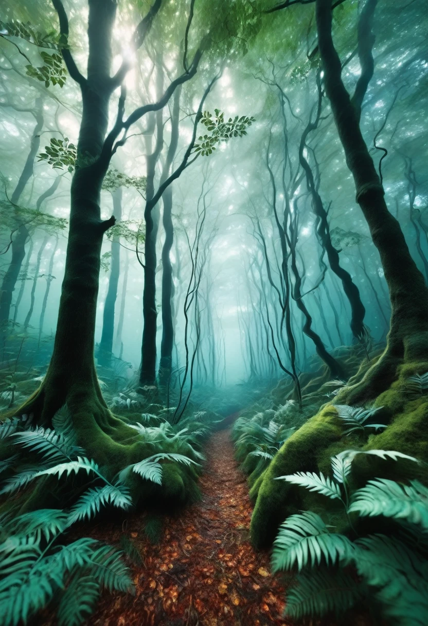 "Create an imaginative artwork of a interacting with a forest, where the is engaging with the environment in a creative and artistic way, perhaps painting the trees, creating a leaf sculpture, or visualizing the forest as a whimsical, dreamlike landscape."