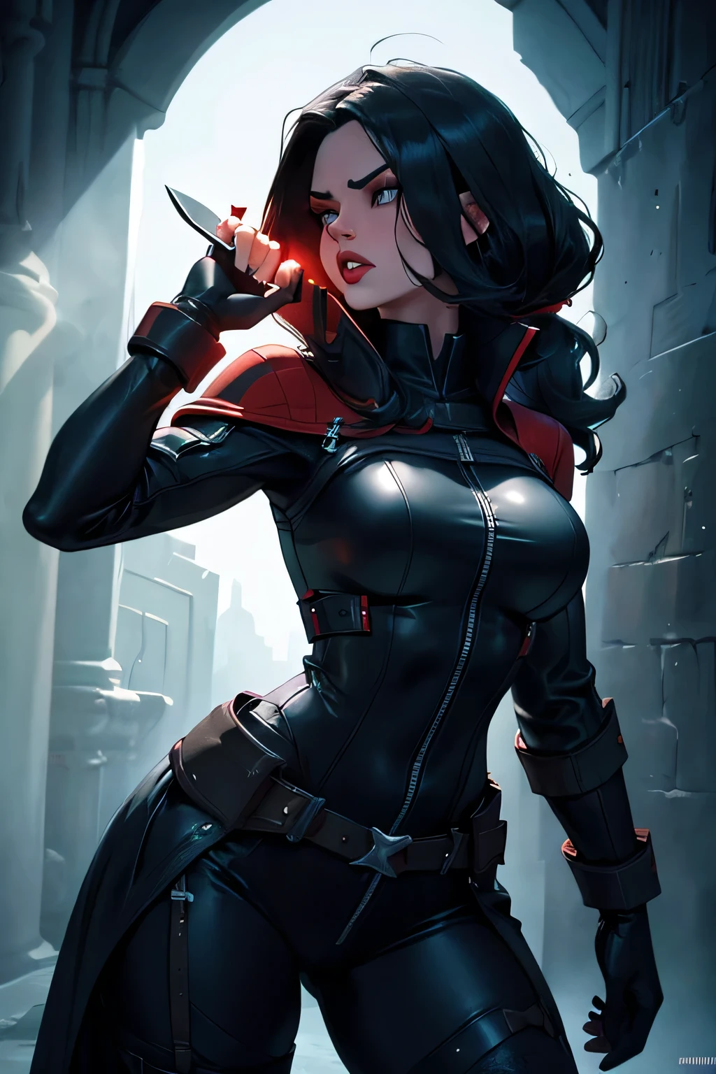 a villainous female assassin, long dark hair, piercing eyes, red lips, black catsuit, holding a bloody knife, cinematic lighting, dramatic shadows, dark moody atmosphere, (best quality,4k,8k,highres,masterpiece:1.2),ultra-detailed,(realistic,photorealistic,photo-realistic:1.37),dramatic lighting,chiaroscuro,moody colors,dark and gritty