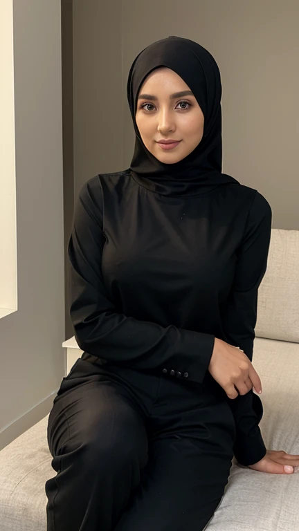 woman,((30 years old)), black hijab, black shirt, beautiful face, white skin, soft smile, long pants