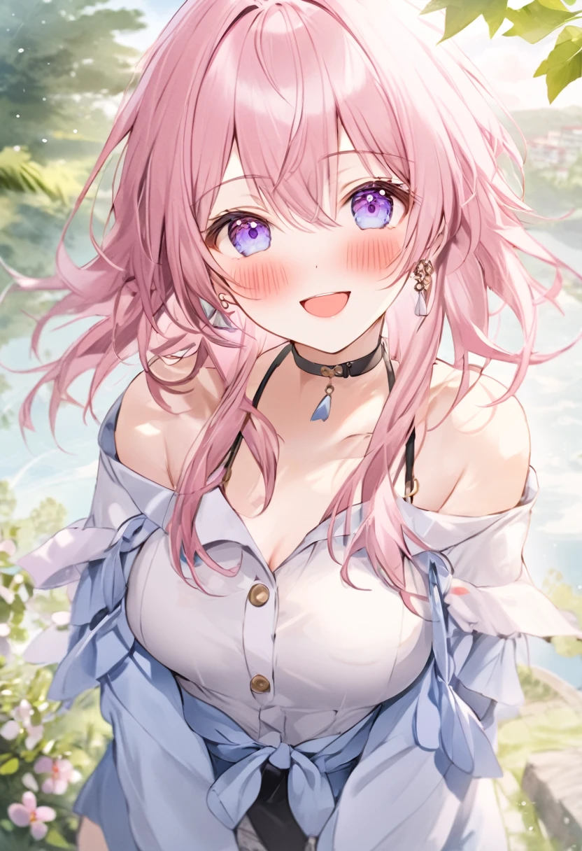 Super detailed,(highest quality),((masterpiece)),(High resolution),original,very,Sanyueki, One girl, alone, Pink Hair, smile,bangs, Open your mouth, :d, View Viewer,Long sleeve, Long Hair, Purple eyes, Outdoor, shirt, Hair between the eyes, cloud, choker, Day, white shirt,chest, black choker, Earrings, blush, Pink Eyes,blue eyes, Exposing shoulders,Thighs,whole body