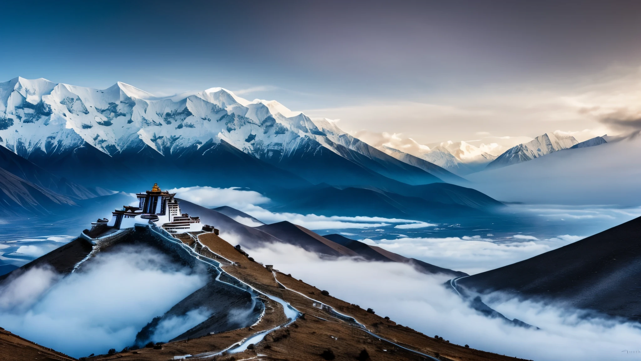 Tibet, background landscape of snowy mountains and lots of fog. More dark and relaxing image. Night. Include monje tibetan from back