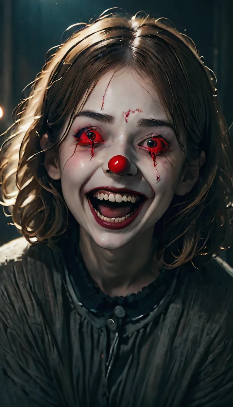 highest quality,Horror,spooky smile,Red Nose,Detailed face,Scary atmosphere,Dark Background,Dramatic lighting,Sharp focus,an  ominous,evil dream,Scary Clown,Scary expressions,emotion,Exposing teeth,Big smile,Red lips,evil,Ghostly,evil dreamのような,Anxious,Night Scenery,Spooky laughter,Strong gaze,A frightening personality,Distorted face,Threatening,Gothic,Sharp Eye,evil dreamのような scenery,spooky,Anxious,Horror movie aesthetic,evil dream fuel,Ghostlyly beautiful,A terrifying presence,evil dream-inducing,Shadow,Spooky atmosphere