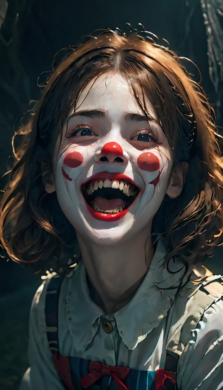 highest quality,Horror,spooky smile,Red Nose,Detailed face,Scary atmosphere,Dark Background,Dramatic lighting,Sharp focus,an  ominous,evil dream,Scary Clown,Scary expressions,emotion,Exposing teeth,Big smile,Red lips,evil,Ghostly,evil dreamのような,Anxious,Night Scenery,Spooky laughter,Strong gaze,A frightening personality,Distorted face,Threatening,Gothic,Sharp Eye,evil dreamのような scenery,spooky,Anxious,Horror movie aesthetic,evil dream fuel,Ghostlyly beautiful,A terrifying presence,evil dream-inducing,Shadow,Spooky atmosphere