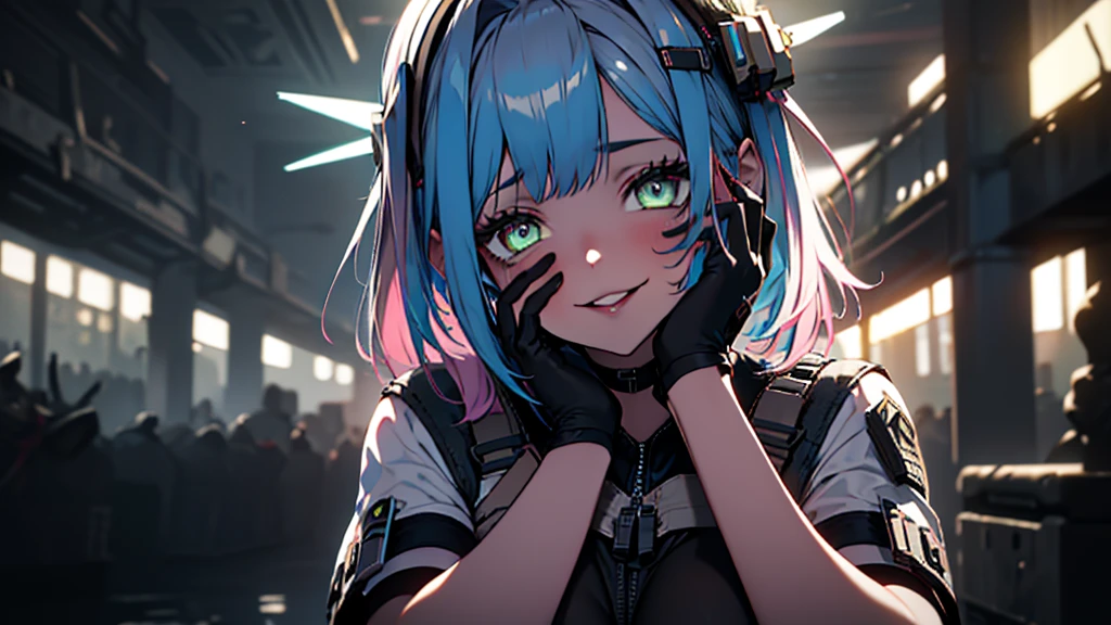 ((Best quality)), ((masterpiece)), (detailed:1.4), 3D, an image of a beautiful cyberpunk female, Yandere , Yandere Face , Trance , Trance Eyes , yameroyandere , constricted pupils , yandere , empty eyes . shaded face , crazy eyes , glowing gold eyes , crazy smile , neonfx, neon_valorant, 1girl, solo, looking at viewer, blue eyes, blonde hair, gloves, navel, bare midriff, twintails, blue hair, multicolored hair, parted lips, black gloves, belt, pants, hand on hip, floating hair, bandaid, bandaid on face, electricity, animification, bandaid on nose, large breasts, HDR (High Dynamic Range),Ray Tracing,NVIDIA RTX,Super-Resolution,Unreal 5,Subsurface scattering,PBR Texturing,Post-processing,Anisotropic Filtering,Depth-of-field,Maximum clarity and sharpness,Multi-layered textures,Albedo and Specular maps,Surface shading,Accurate simulation of light-material interaction,Perfect proportions,Octane Render,Two-tone lighting,Wide aperture,Low ISO,White balance,Rule of thirds,8K RAW,