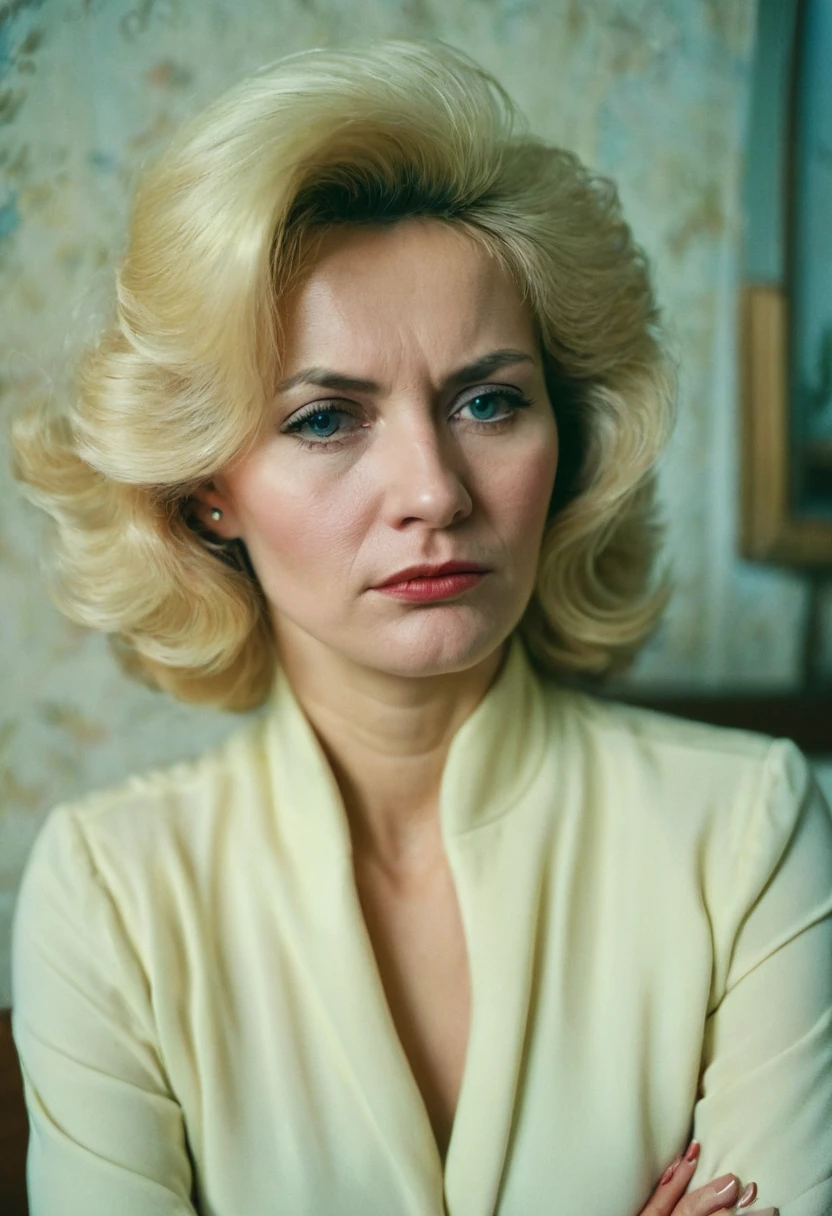 Color photo in the style of the USSR 1980, portrait. Beautiful woman 40 years old, fa background of a USSR apartment in the 1980s. blonde. sad face. Tears on eyes.