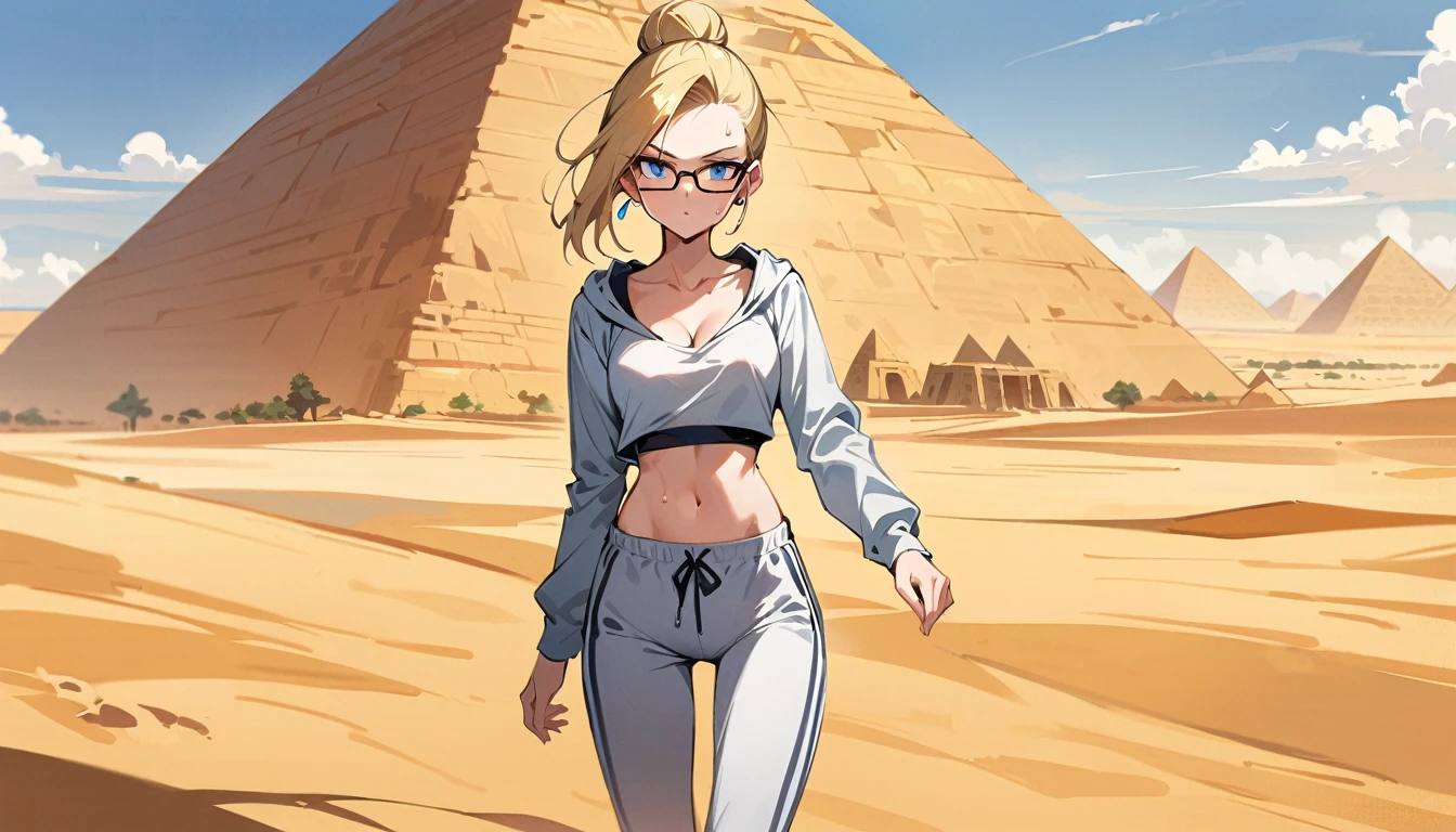 (masterpiece, best quality:1.2), solo, Android 18 from Dragon Ball, (light gray top), ((slip-on crop top)), ((long sweatpants)), ((light gray sweatpants)), (gray hooded jacket), thighs, midriff, small breasts, sweat, blonde hair, (single hair bun), ((blue eyes)), glasses, earrings on earlobes, slender feminine figure, narrow waistline, skinny body, long legs, Egypt, walking across desert, large pyramid, daytime, clear sunny sky, sweating, cleavage, magnificent view, blur background, 4K