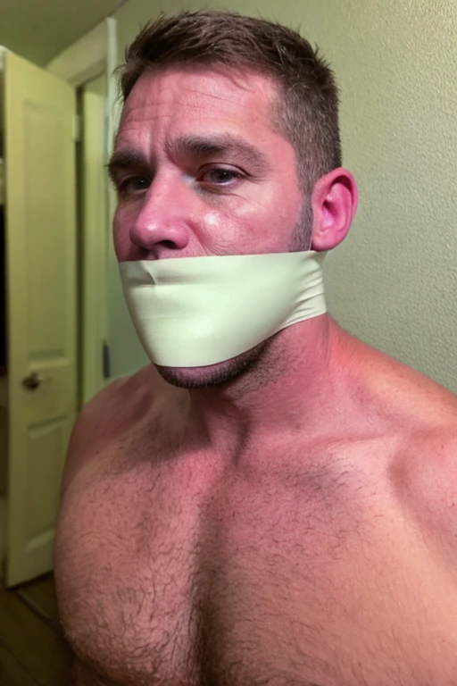 handsome middle aged man, slightly fat, half body, hairy chest, naked, short brown hair, stubble, facial hair, bearded, tape gag, tape wrapped, wrap gag, tightly bound, tape wrapped around face