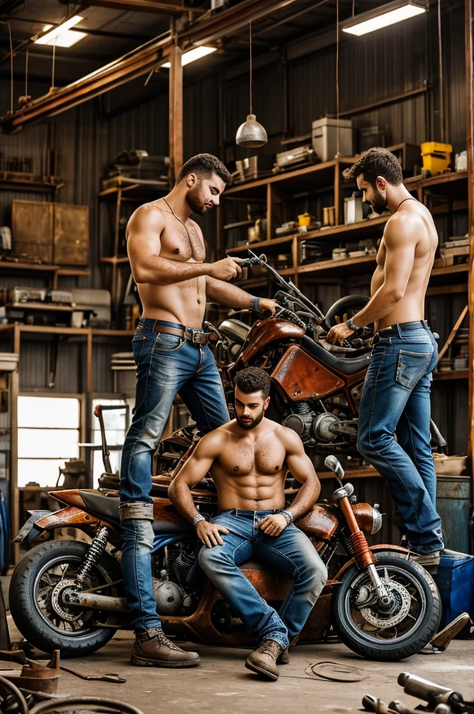 Sexy men mechanics repairing rusty motorcycles in a workshop 