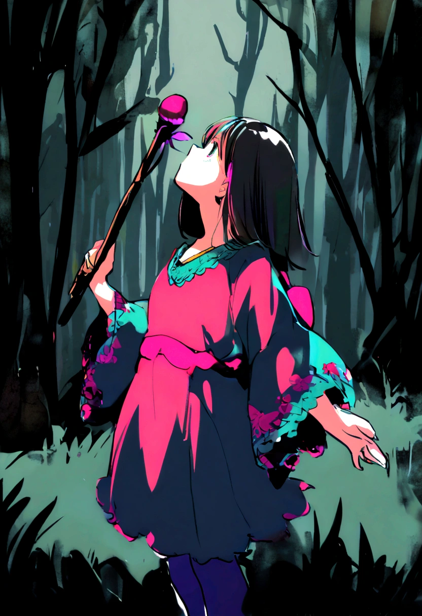 Frisk, ****, small, in a forest, looking up, with a stick in her left hand,