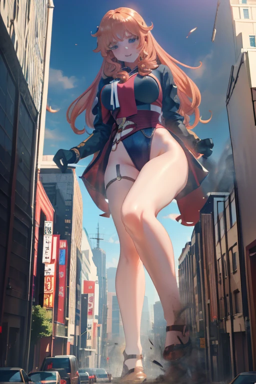 Giant Girl 50,000 feet high,Have a pair of long legs,Have a pair of huge breasts,Wearing a red bikini,Waist length blonde hair,Loose hair,Wear a pair of Mary Janes,Blonde curly hair,full of enjoyment,Standing firm in a crowded city, vandalism,It seems to be an invincible existence,Beautiful appearance,Exquisite makeup,quality,8K,高quality,(Governor:1.5),Perfect proportion, theater lighting,Film Grain,Fuji Colors,8K,Textured Skin,Super Detail,High Detail,high quality,high resolution,thunderbolt,Fake laugh,Morning, Full body image